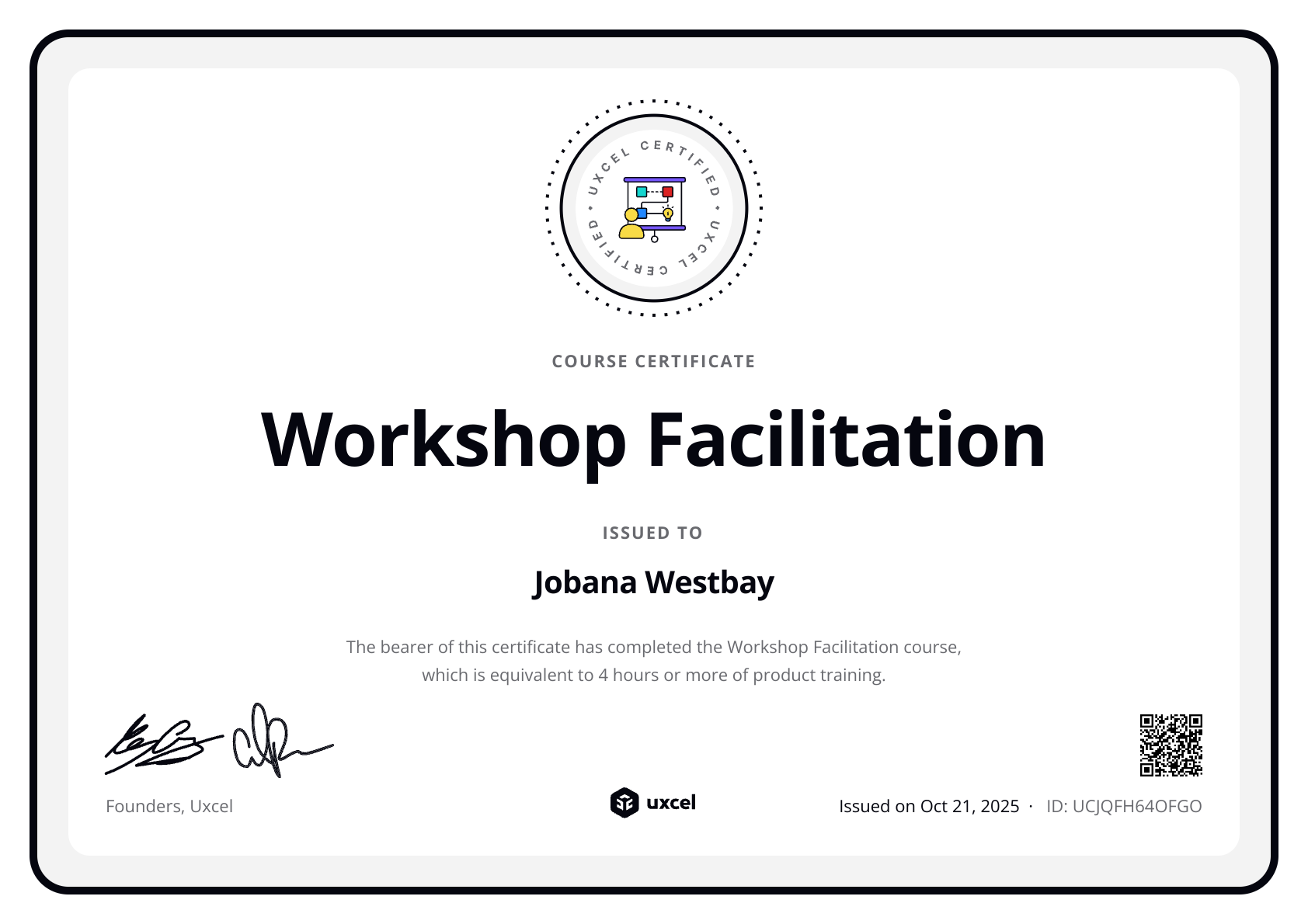 Jobana Westbay's certificate